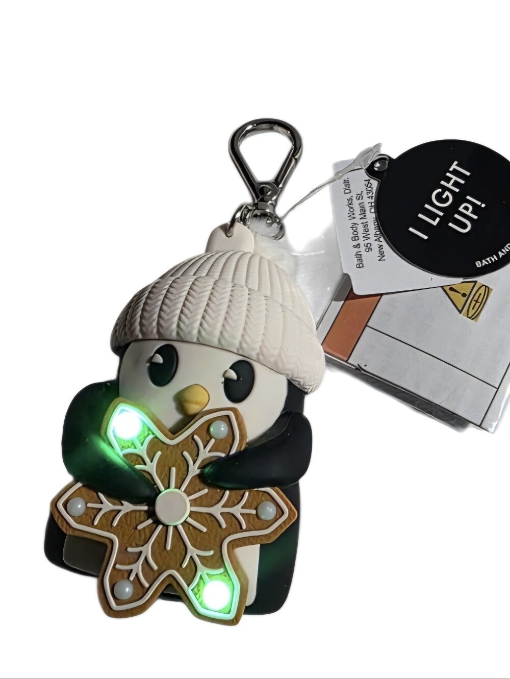 Penguin Keychain Light-Up Charm with White Beanie and Gingerbread Star - Picture 2 of 4